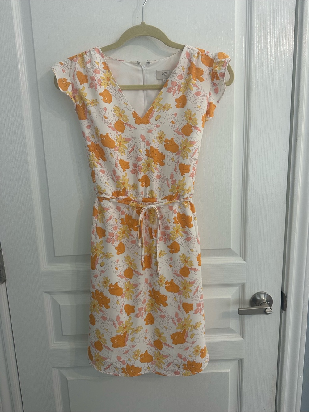 LOFT White Floral V-Neck Tie-Waist Mini Dress in Orange & Yellow